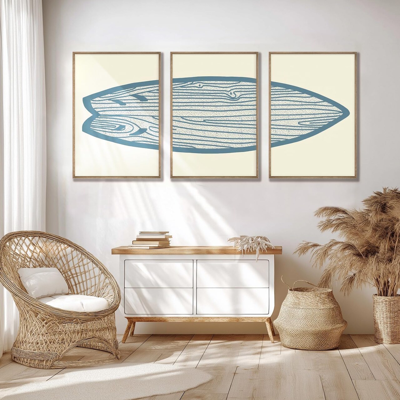 Surfboard Wall Decor 3 Pieces Surfboard Canvas Painting Prints Art Poster, Sea and Surf Pictures for Beach House, Living Room, Bedroom Decor with Wooden Inner Frame (25x40cmx3=10x16inchx3)
